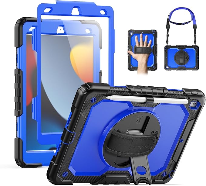 SEYMAC for iPad 9th/8th/7th Generation Case 10.2 2021-2019 Full-Body Shockproof Heavy Duty Protective Case with Screen Protector Rotating Stand/Handle/Shoulder Strap for iPad 10.2 Black/Blue