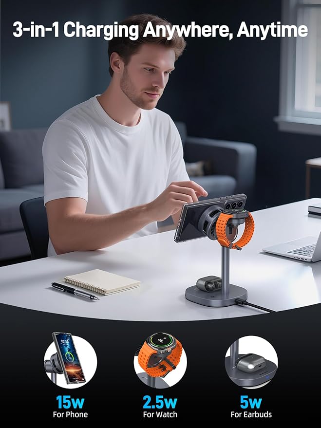 3 in 1 Magnetic Charging Station for Samsung Qi2 Certified Phone-Cooling Magsafe Wireless Charger for Samsung Galaxy S26 Ultra/S25/Z Fold 7/Flip 7 Galaxy Watch 8/Ultra/7/6/5 Galaxy Buds4 Pro
