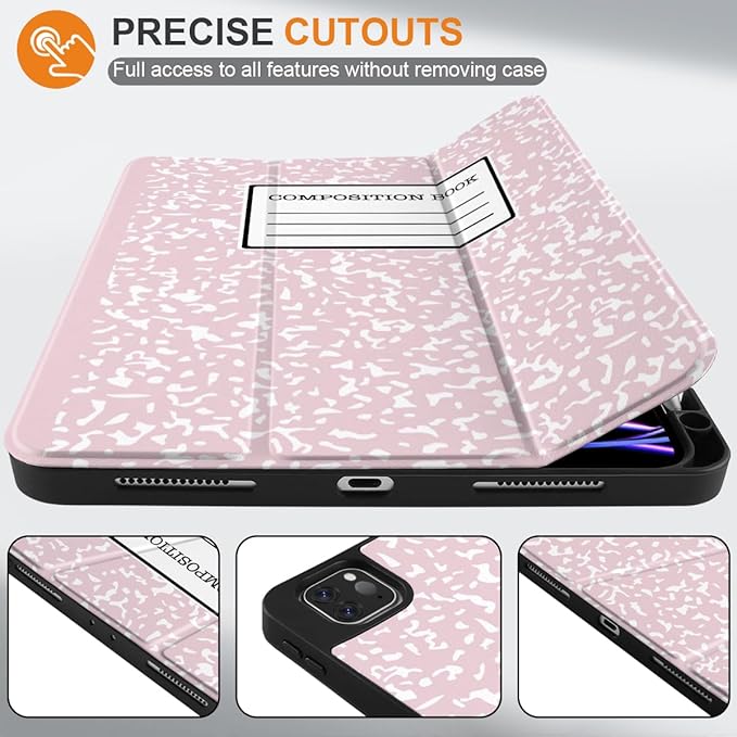 MEEgoodo for iPad Pro 12.9 Case M2 6th/5th/4th/3rd Generation 2022 2021 2020 2018 with Pencil Holder Tablet Cover with Soft TPU Back Shell Pink Composition Book