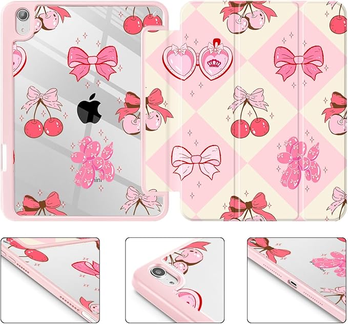 Mektron Printed Case for iPad mini 7 (A17 Pro) 2024/ Mini 6 2021 iPad mini 7th/6th Generation 8.3-inch Liquid Retina Display Cover Buit in Pencil Holder with Clear Back Shell Cherry with Bows