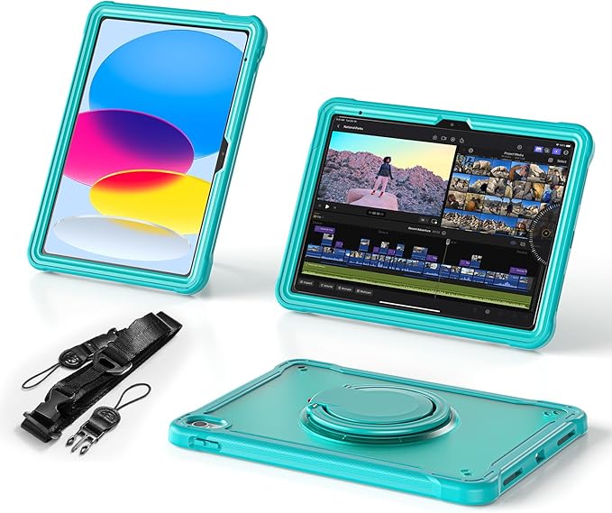 BATYUE Case for iPad (A16) 11th/10th Gen 11''/10.9'' 2025/2022 | Matte Frosted Shockproof Protective Cover with 360° Rotating &amp 180° Folding Stand Shoulder Strap &amp Pencil Holder | Light Blue
