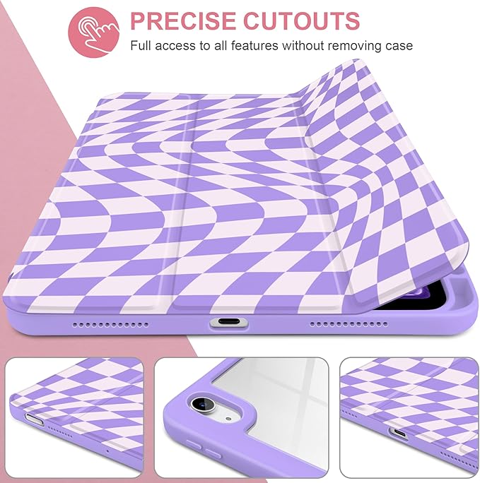 TWOLSKOO Case for iPad Air 11-inch (M4 2026 / M3 2025 / M2 2024) Clear Acrylic Back with TPU Bumper Pencil Holder Trifold Stand Auto Sleep/Wake Purple Wavy Checker