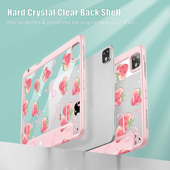 May Chen for iPad Pro 11 inch M2 4th Generation 2022 iPad Pro 11 3rd/2nd/1st Gen Case with Transparent Shockproof Back Cover [Built-in Pencil Holder Auto Sleep/Wake Bow Strawberry