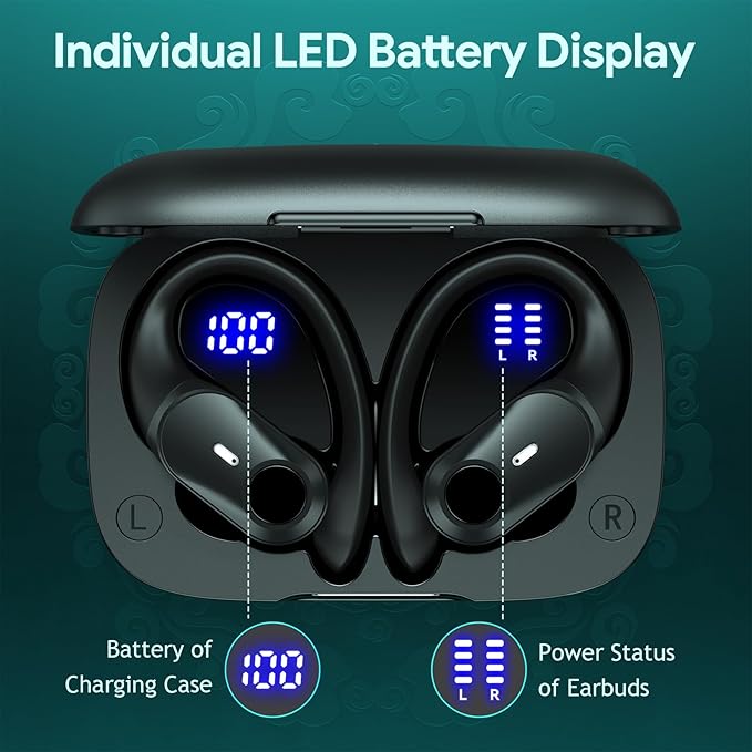 Active Noise Cancelling Earbuds Wireless Bluetooth Headphones 80H Playtime LED Power Display Charging Case Over Ear Hooks Ear Buds with Hi-Res Sound &amp Clear Calls for Sports Running Gym Workout Bl
