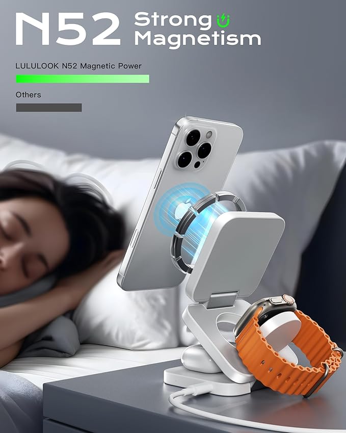 Qi2 Certified 3 in 1 Travel Charger MagSafe Compatible Upgraded Foldable Wireless Charger Stand Mag-Safe 3 in 1 Charging Station15W Fast Charging for iPhone 17/16/15/14/13/12 Apple Watch AirPods