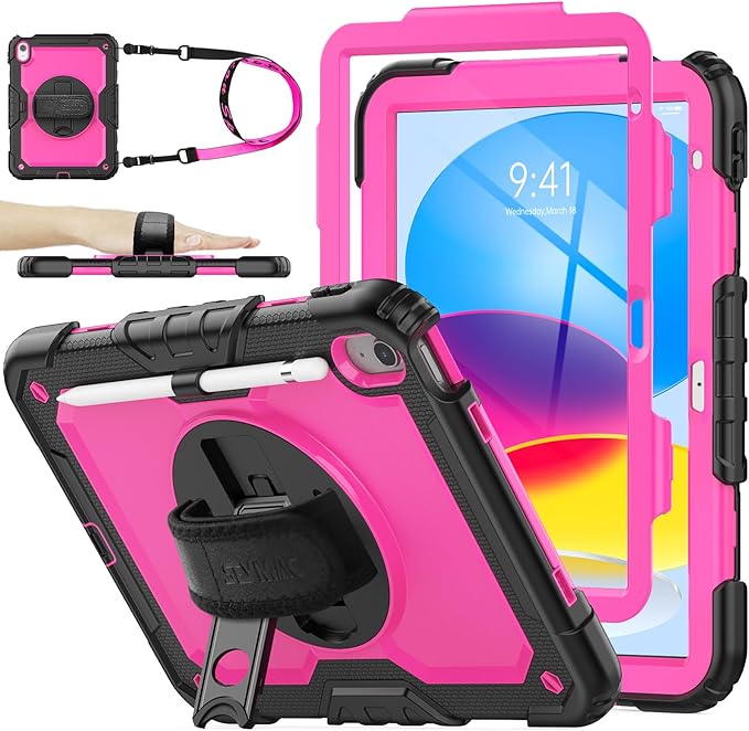 SEYMAC stock Case for iPad (A16) 11th/10th Generation 11''/10.9'' 2025/2022 Full-Body Drop Protection Case with Screen Protector &amp360° Rotate Hand Strap/Stand Pink+Black