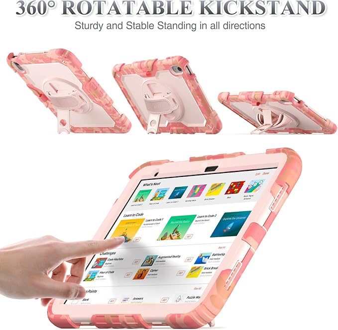 SEYMAC stock Case for iPad (A16) 11th/10th Generation 11''/10.9'' 2025/2022 Full-Body Drop Protection Case with Screen Protector &amp360° Rotate Hand Strap/Stand Camo Pink