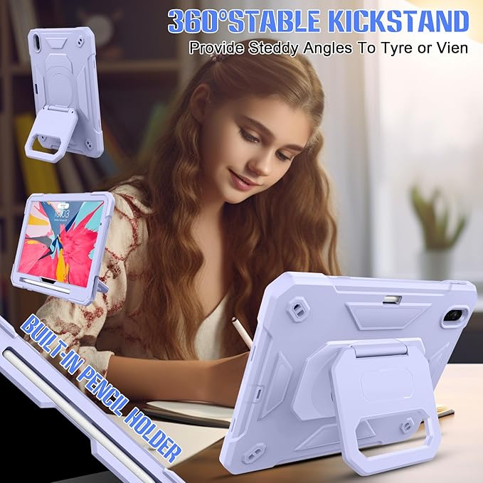 KCJ for iPad Air 11 Inch Case M3 2025 7th Generation &amp M2 2024 6th Generation with Tempered Glass Screen ProtectorRugged Protective Case with Folding Stand/Pencil Holder/Shoulder Strap