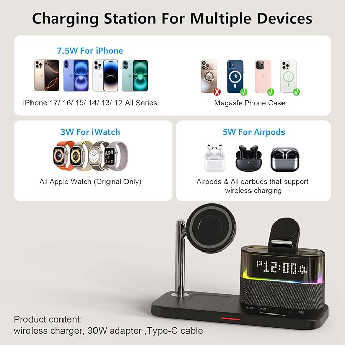 Charging Station with ClockMagnetic Wireless Charger for iPhone17 16 15 14 13 Pro Max Airpods Apple Watch Samsung PhoneBedside Docking Station with LightTech Gadgets Gifts for Men Women