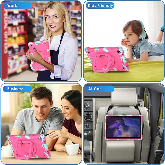 DETUOSI Case for Samsung Galaxy Tab A8 10.5 inch 2022 Galaxy Tab A8 Shockproof Case with 360°Rotatable Stand &amp Shoulder Strap Heavy Duty Case for SM-X200/X205/X207 Camouflage Rose Red