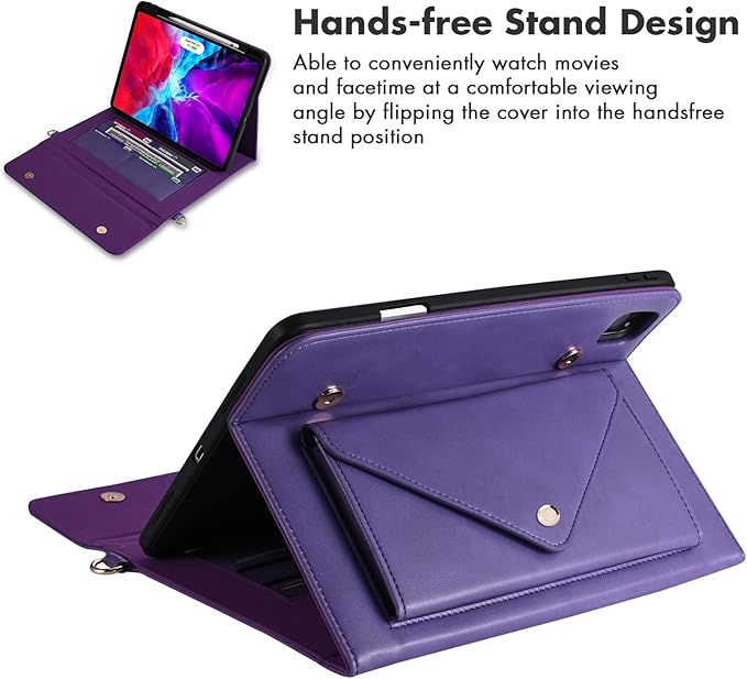 Dteck Business Case for iPad Pro 11 Inch iPad Air 11 Inch PU Leather Flip Stand Cover Pencil Holder Zipper Pocket Strap Protective Wallet Case Purple
