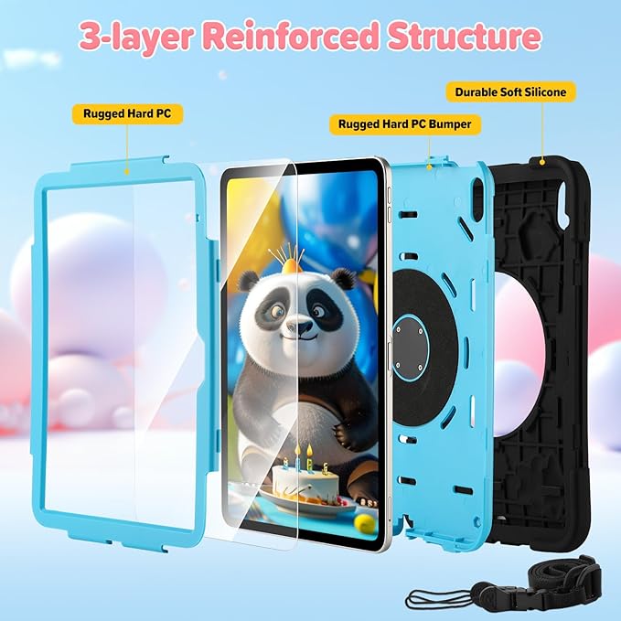 for iPad (A16) 11th Generation Case Kids iPad 10th Generation with Screen Protector Rugged Protective Cartoon 3D Panda Warrior Cover with Rotating Stand/Strap/Pen Slot for Kids Teens (Black+Blue)