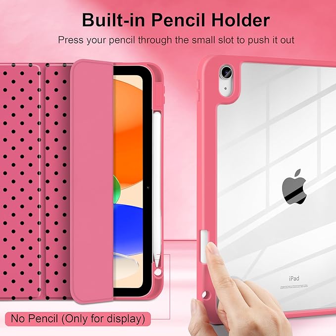 Case for iPad A16 11th Generation 11 inch 2025 iPad 10th Generation 10.9 inch 2022 -[Built-in Pencil Holder] Shockproof Clear Hard Back Trifold Stand Auto Wake/Sleep Rose red Polka dot