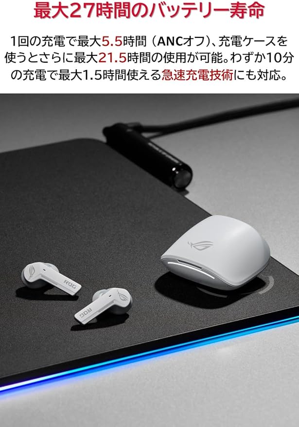 ASUS ROG Cetra True Wireless Gaming Earbuds – Bluetooth Low-Latency ANC Noise Cancelling Touch Control IPX4 Water Resistant 27Hr Battery Wireless Charging for PC Mobile Switch Ally/X - White