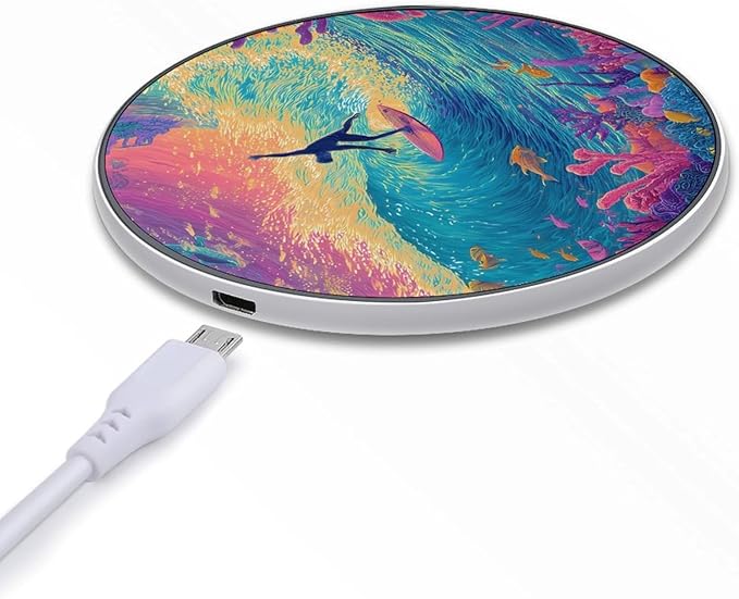 Surfer Riding Wave Sea Coral Dreamy Fast Portable Charger 10W Funny Graphic Phone Charging Pad with USB Cable