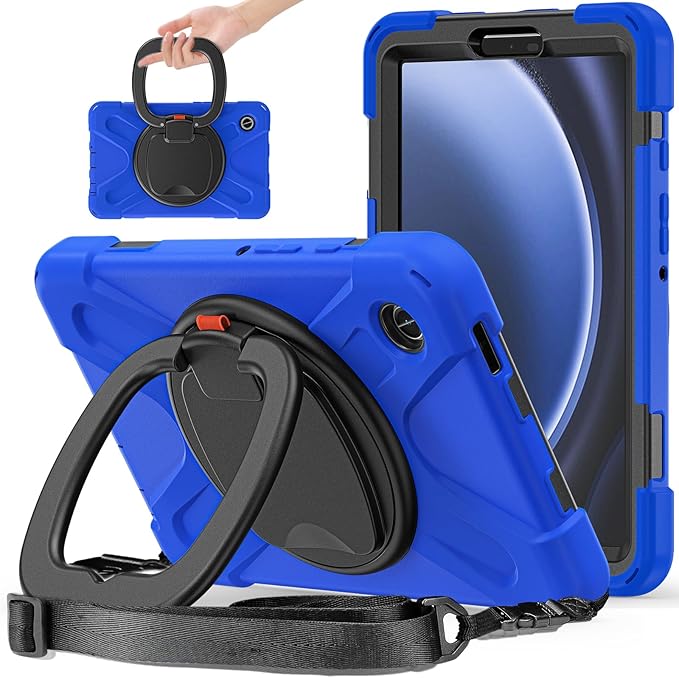 Case for Galaxy Tab A9 8.7 2023 (SM-X110/ X115) Heavy Duty Protective Case with 360 Degree Swivel Stand&ampHand Strap&ampShoulder Strap (Blue)
