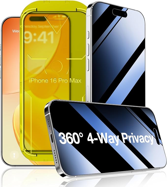 Fotbor [3 Pack] Privacy Screen Protector compatible with iPhone 16 Pro Max 4-Way 360° Anti-Spy Tempered Glass with Auto-Alignment Fast Install Tray Ion-Exchange Strengthened 9H Hardness