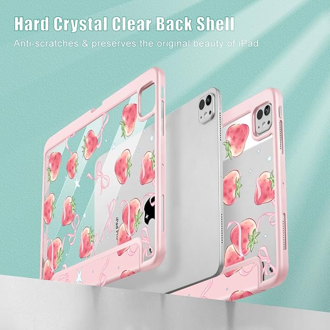 May Chen Case for iPad Pro 11-Inch M5/M4 2025/2024 (6th/5th Generation) Clear Transparent Print Back Shell Slim Stand Shockproof Tablet Cover Auto Wake/Sleep Bow Strawberry