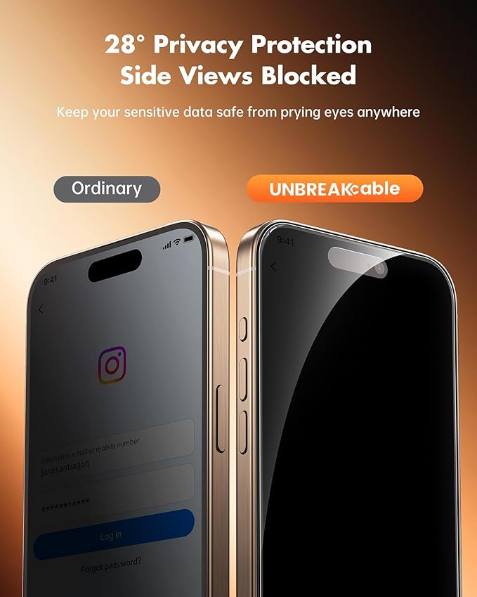 UNBREAKcable Privacy Screen Protector for iPhone 16 Pro Anti-Spy Shatterproof Tempered Glass [True 28°Anti Spy] [9H Hardness] [Easy Installation Frame] Black Protector for iPhone 6.3 - 2 Pack