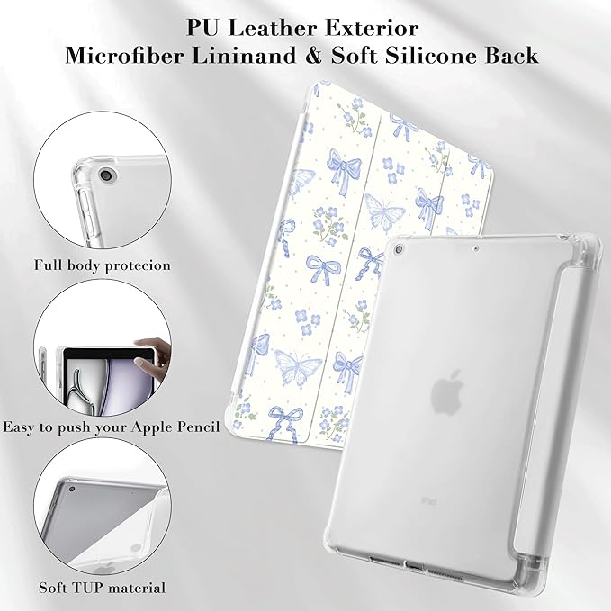 Idocolors Cute Kawaii Blue Bow Butterfly Pad Case for 12.9 Inch iPad Pro 2022/2021/2020/2018 Clear TPU Smart Stand Back Cover with Pencil Holder Auto Wake/Sleep Case for Women Girls