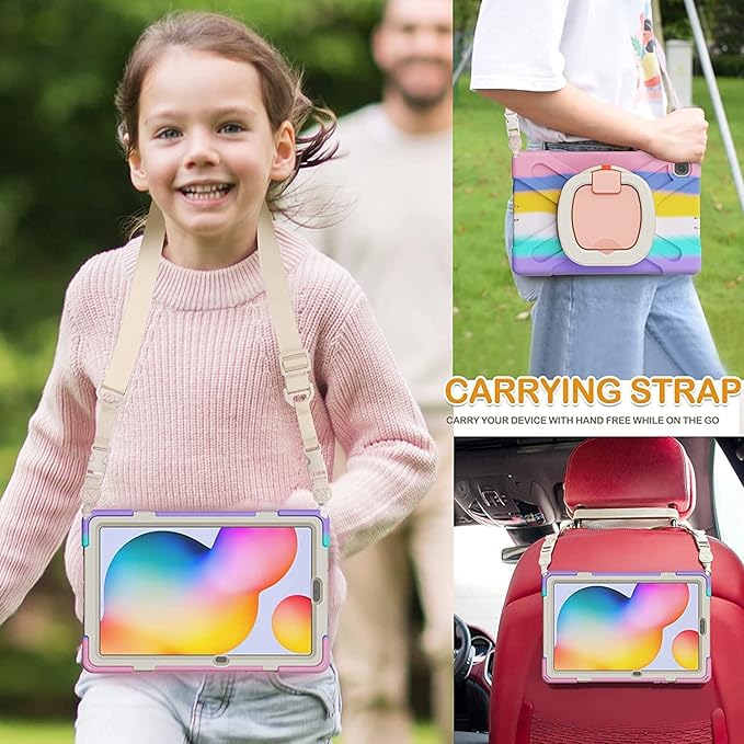 Case for Galaxy Tab S6 Lite 10.4 2024/2020/2022 (SM-P620/P625/P610/P615) Heavy Duty Protective Case with S Pen Holder&amp360 Degree Swivel Stand&ampHand Strap&ampShoulder Strap (Colourful Pink)