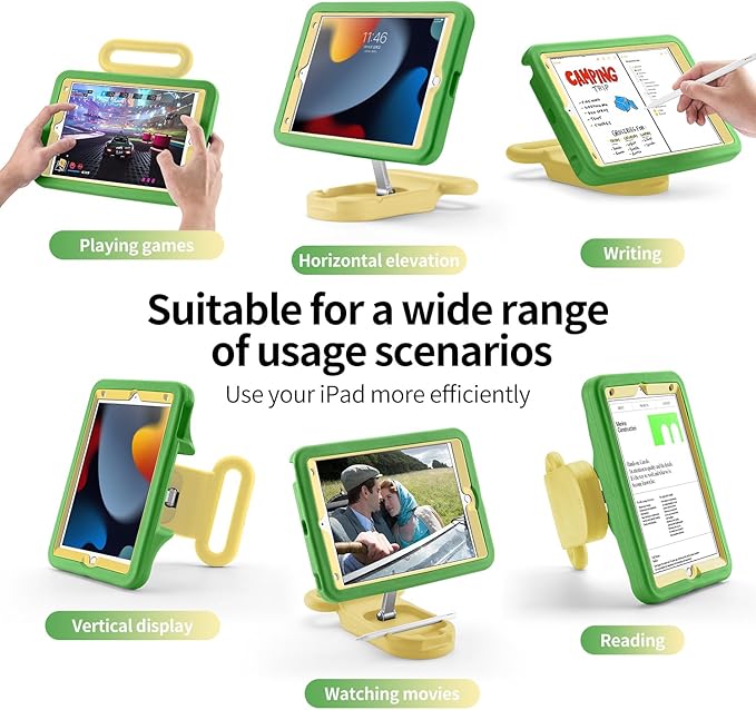 Kids Case for iPad 7th/8th/9th Gen 10.2 inchAdjustable Portrait/Landscape Stand/Drop Proof with Handle/KickstandChild Friendly Protective Cover for iPad 10.2 2021/2020/2019 (GreenYellow)