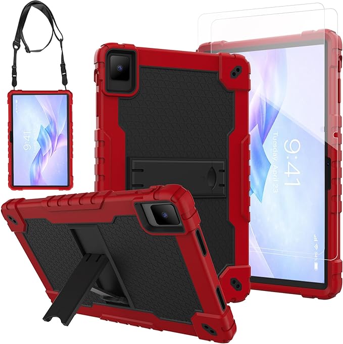 for TCL TAB 10 NXTPAPER 5G 10.4 Inch Tablet case Hybrid Shockproof Silicone Gel Protective Cover with Kickstand for TCL TAB 10 NXTPAPER 5G 10.4 Inch 2025 (9199S) (Red/Black+2 PCS Glass)