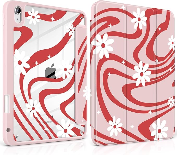 DONGKE Case for iPad (A16) 11th Generation 11 inch 2025 &amp iPad 10th Gen 10.9 inch 2022 [Built-in Pencil Holder] Clear Acrylic Back Trifold Stand Smart Cover Auto Sleep/Wake Swirl &amp Daisy