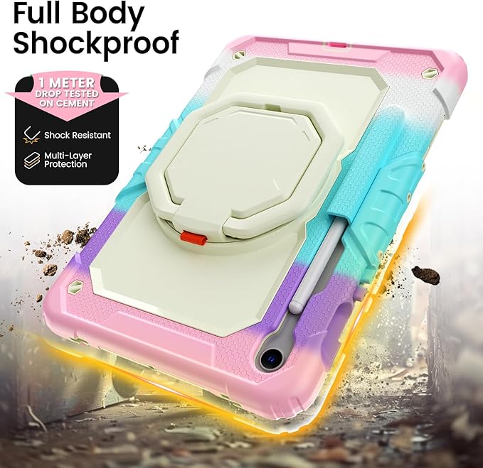 HXCASEAC Case for Galaxy Tab S10 lite / S10 FE / S9 FE 10.9 Inch Shockproof | 360° Rotating Stand | S Pen Holder | Screen Protector | Shoulder Strap | Samaung S10 Lite Tablet Case Kids Rainbow Pink