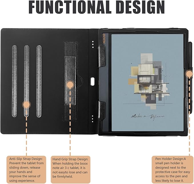 E NET-CASE Case for 10.3 Boox Note Air4 C (2024)/Boox Note Air3 C/Air3 B/W Tablet (2023) New Upgraded Design 360 Degree Rotating Stand Cover with Pen Holder/Hand Strap Auto Sleep/Wake (Black)