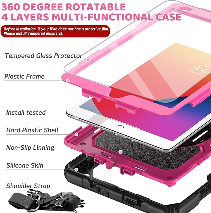 BLOSOMEET Case for iPad 9th Generation 2021 10.2 Inch with Tempered Glass Screen Protector &amp Pencil HolderProtective Kids iPad 7th/8th Gen Cover 2020 2019 w/Stand Hand Shoulder StrapRosered