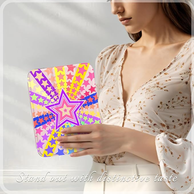 Y2K Rainbow Starburst iPad mini Case for Girls – Colorful Five-Point Star Design with Pencil Holder Auto Wake/Sleep &amp DIY Stickers Retro Pop Art Protective Cover for iPad mini 6/7