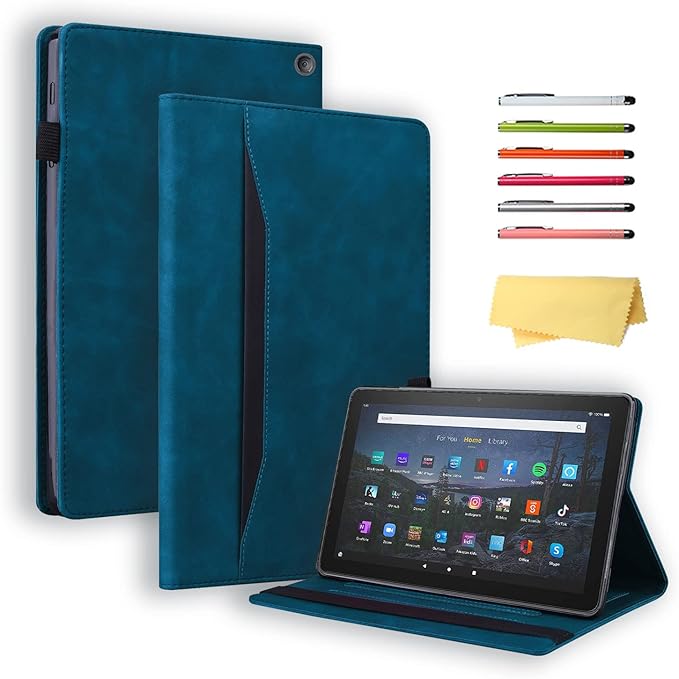 for Amazon Kindle Fire HD 10 &amp Fire HD 10 Plus Tablet Case 13th/11th Generation 10.1 (2023/2021) Folio Stand Embossed PU Leather Wallet Cover with Pencil Holder/Document Card Pockets Blue
