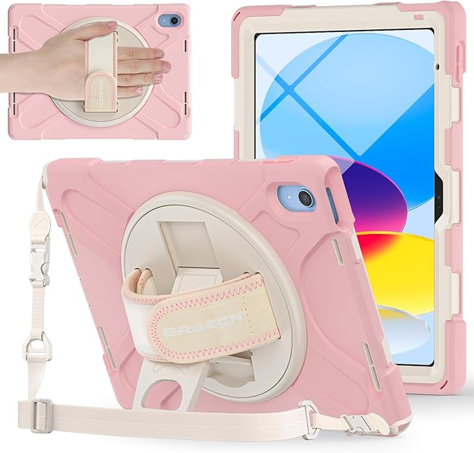 BRAECNstock Kids Case for Apple iPad (A16) 11th/10th Generation 11/10.9 20225/2022 Shockproof Protective Case with Screen Protector Pencil Holder Rotating Stand&ampHand Strap Sakura Pink