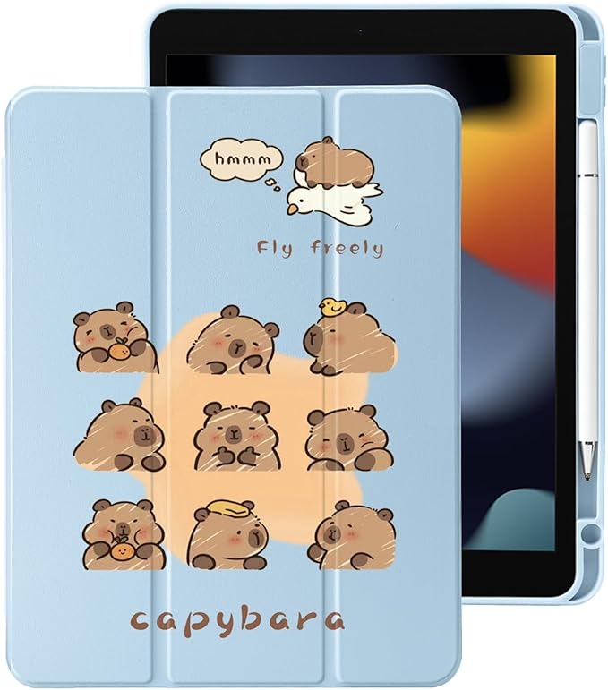 Cute Kawaii Capybara for iPad Pro 11 Inch Case (M5/M4) 2025/2024 with Pencil Holder Auto Sleep/Wake Blue Leather Clear Acrylic Back Cover