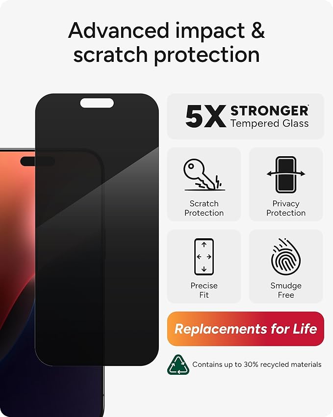 ZAGG Glass Elite Privacy Screen Protector for iPhone 16 Pro Max - 2-Way Privacy Filter Ultra-Strong Tempered Glass 5X Stronger InvisibleShield Smudge-Free Easy Install Recycled Content