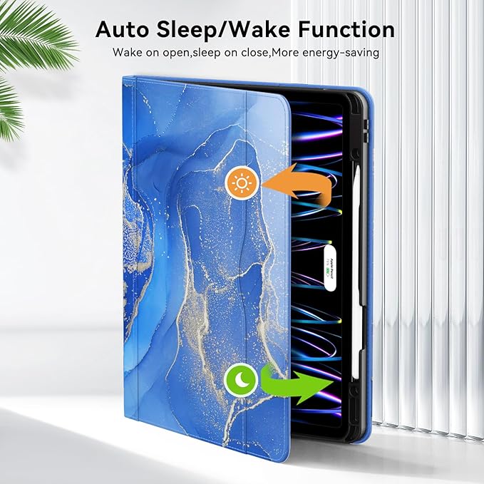 Case for New iPad Pro 12.9 inch 6th/5th/4th/3rd Generation 2022/2021/2020/2018 12.9'' ipad Pro Leather Protective Cover 6/5/4/3 Gen with Pencil Holder Auto Wake/Sleep Marble Gary Blue