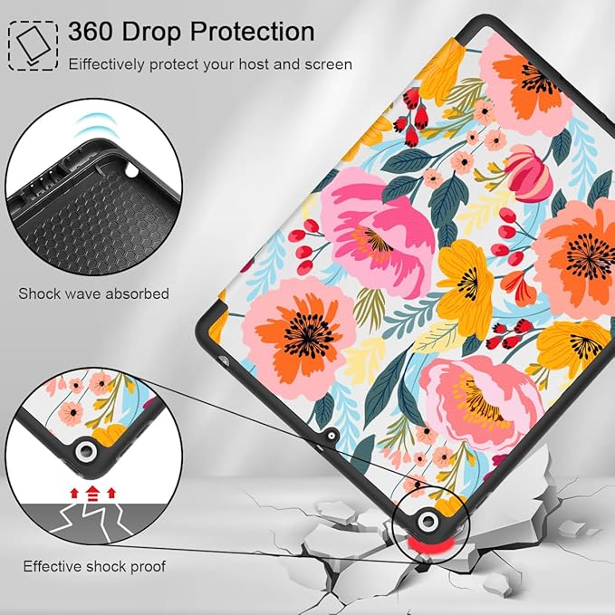 Tuiklol Case for iPad 10.2 Inch 2021 2020 2018 Release 9th / 8th / 7th Generation Built-in Pencil Holder TPU Protective Stand Back Cover Trifold Stand-Auto Wake/Sleep Vibrant Floral