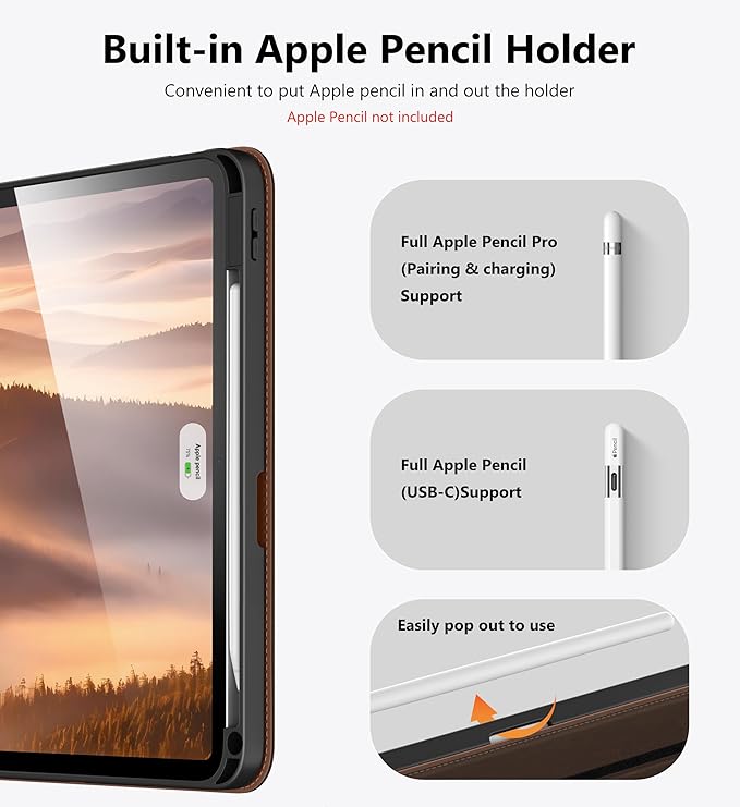 DTTO for iPad Air 11 inch Case M4 / M3 / M2 (2026/2025/2024) iPad Air 5th / 4th Gen (2022/2020) 360 Degree Rotating Premium Leather Folio Stand Cover with Pencil Holder Dark Brown