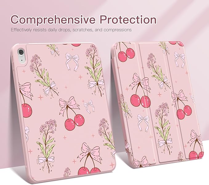 Teryeefi Case for 2025 iPad 11th Generation 11 inch (A16 Chip) &amp iPad 10th Generation 10.9 inch (2022) with Pencil Holder [Auto Wake/Sleep]Premium Stand Case with Soft TPU Back Cover - Cherry Bow