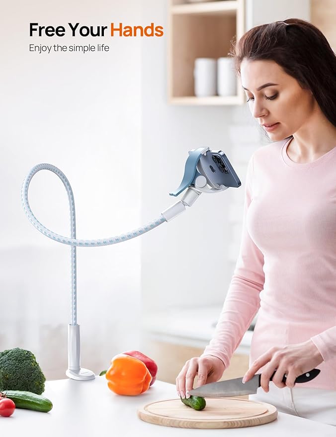 Aomiker Gooseneck Phone Holder for Bed - [Upgrade Nylon Braid] 38” Flexible Lazy Arm Clip 360 Adjustable Overhead Phone Mount for iPhone 16 15 14 13 12 11 Pro Max Mini Plus 4-7 Cellphone - White