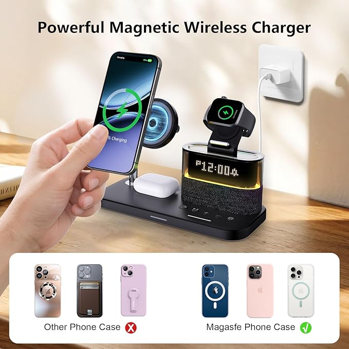 Charging Station with ClockMagnetic Wireless Charger for iPhone17 16 15 14 13 Pro Max Airpods Apple Watch Samsung PhoneBedside Docking Station with LightTech Gadgets Gifts for Men Women