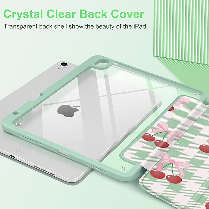 DONGKE Case for iPad Air 11-inch M4 2026 &amp M3 2025 &amp M2 2024 iPad Air 5th/4th Generation 10.9 2022/2020 [Built-in Pencil Holder] Clear Acrylic Back Trifold Stand Smart Cover Green Cherry