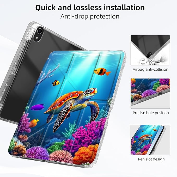 for iPad A16 (11th Generation) Case with Pencil Holder Foldable Y-Shaped Protective Cover Stylish Clear Multi-Angle Viewing &amp Auto Sleep/Wake Sea Turtle and Fish Tablet Case