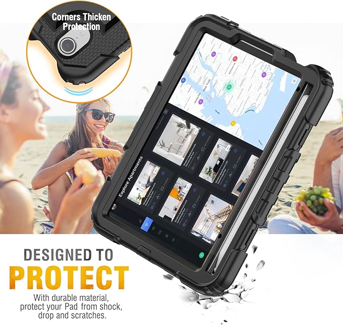 HXCASEAC Case for iPad mini 7 (A17 Pro) / iPad mini 6 Case 8.3 inch Full Body Protective with Carrying Strap Hand Strap Protector Pencil Holder 360 Rotating Stand A2995 A2993 A2567 A2568 Black