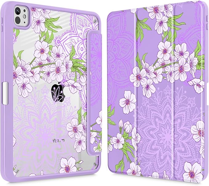 Mektron Case for M5/ M4 iPad Pro 11 inch 2025/2024 with Pencil Holder Compatible Models: A3357/A3358/A3359/A2836/A2837/A3006 Shockproof Cover Clear Shell Blossom Sakura-Purple