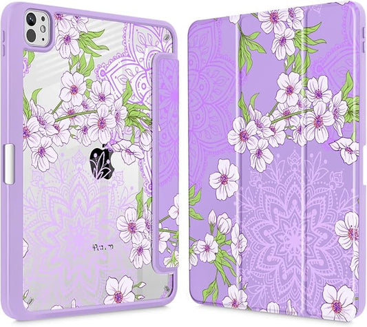 Mektron Case for M5/ M4 iPad Pro 11 inch 2025/2024 with Pencil Holder Compatible Models: A3357/A3358/A3359/A2836/A2837/A3006 Shockproof Cover Clear Shell Blossom Sakura-Purple