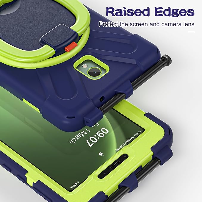 Rugged Case for Samsung Galaxy Tab Active5 5G (SM-X306B/X300) w/ 360° Rotating Hanging Ring Handle Grip Kickstand Heavy Duty Shock-Proof Armor Cover w/Shoulder Strap Stylus Holder(Navy+Lime)