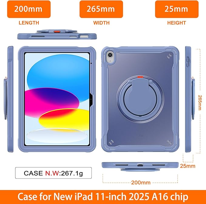 Batianda Ultimate Protective Case for New iPad 11th Generation 11 inch 2025 A16 Chip Sturdy Rugged Shockproof Silicone Tablet Cover with 360° Rotatable Ring Kickstand &amp Pencil Holder Lavender Gre