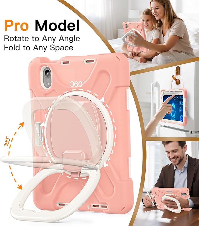 BATYUE Case for iPad mini 7 A17 Pro 2024/iPad Mini 6 2021 8.3 Inch with Pencil Holder 360 Rotating Stand Shoulder Strap Handle Grip Shockproof Rugged Case for iPad mini 7th/6th Gen Rosegold